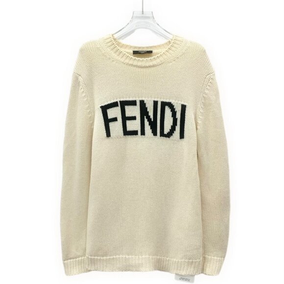 Fendi Off-white logo intarsia wool crewneck long-sleeve knit sweater